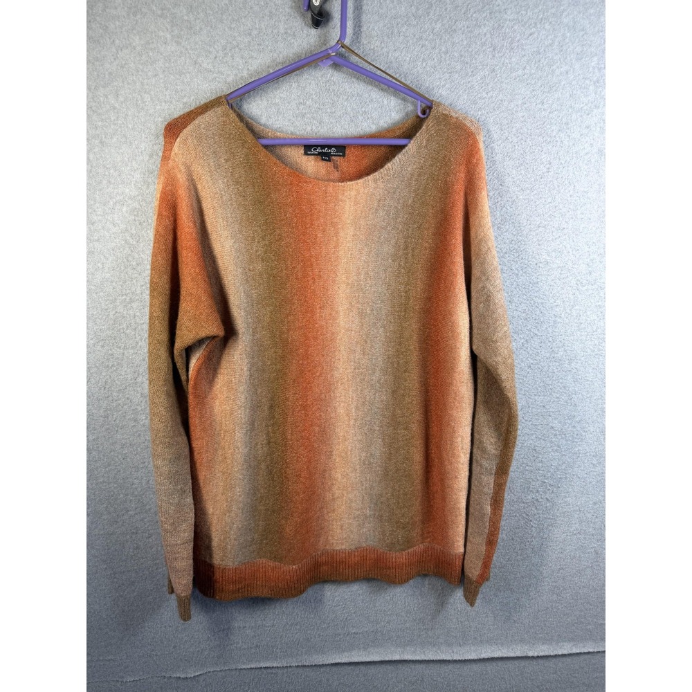 Charlie B Sweater Womens P/S Orange Striped Boat Neck Long Sleeve Knit Pullover